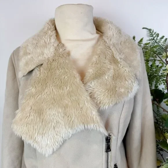 Express Faux Suede Moto Jacket Cream Shearling Collar Zip Front Large - Picture 2 of 13